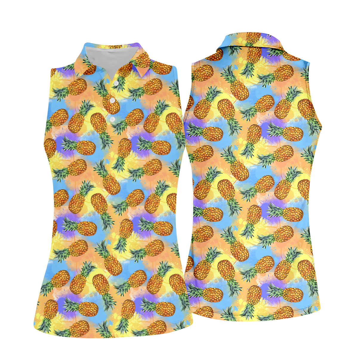 Watercolor Pineapple Tropical Pattern Golf Shirt, Women's Golf Shirt, Hawaiian Golf Shirt, Golf Polo For Women