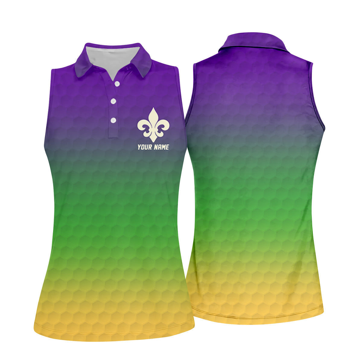 Purple Green Gold Golf Ball Pattern Mardi Gras Golf Shirt, Ladies Golf Polos, Golf Shirt For Women
