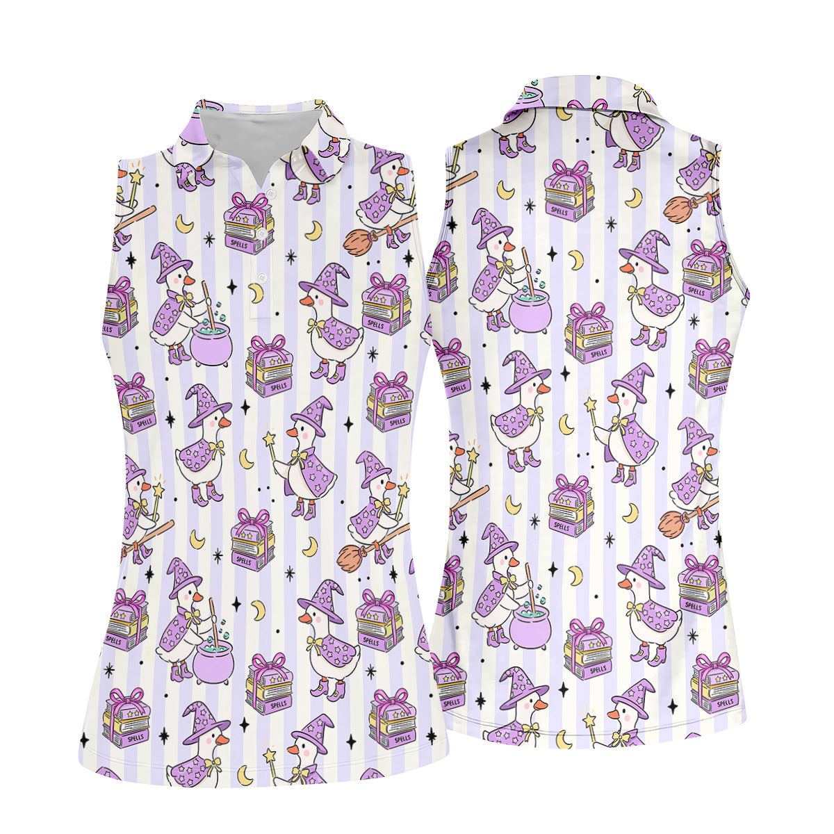 Halloween Witch Goose Purple Pastel Fun Women's Golf Shirts, Cute Golf Outfit, Ladies Golf Polos