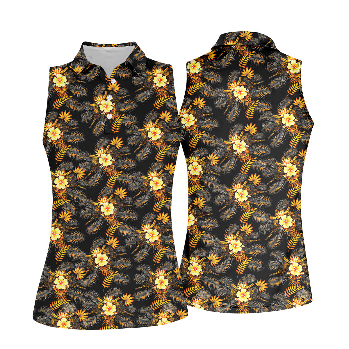 Yellow Hibiscus Flower Black Hawaiian Golf Shirt, Tropical Vibe Golf Shirt For Women