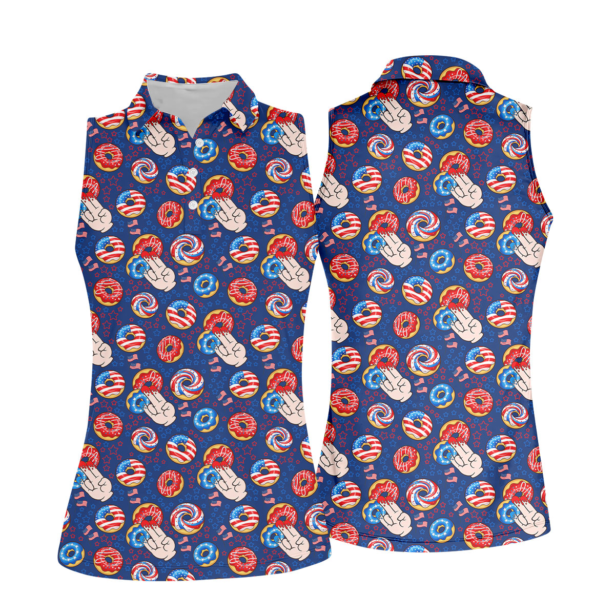 Donut Finger Funny Dirty American Flag Pattern Blue Women Golf Top, 250th Anniversary Patriotic Golf Shirt