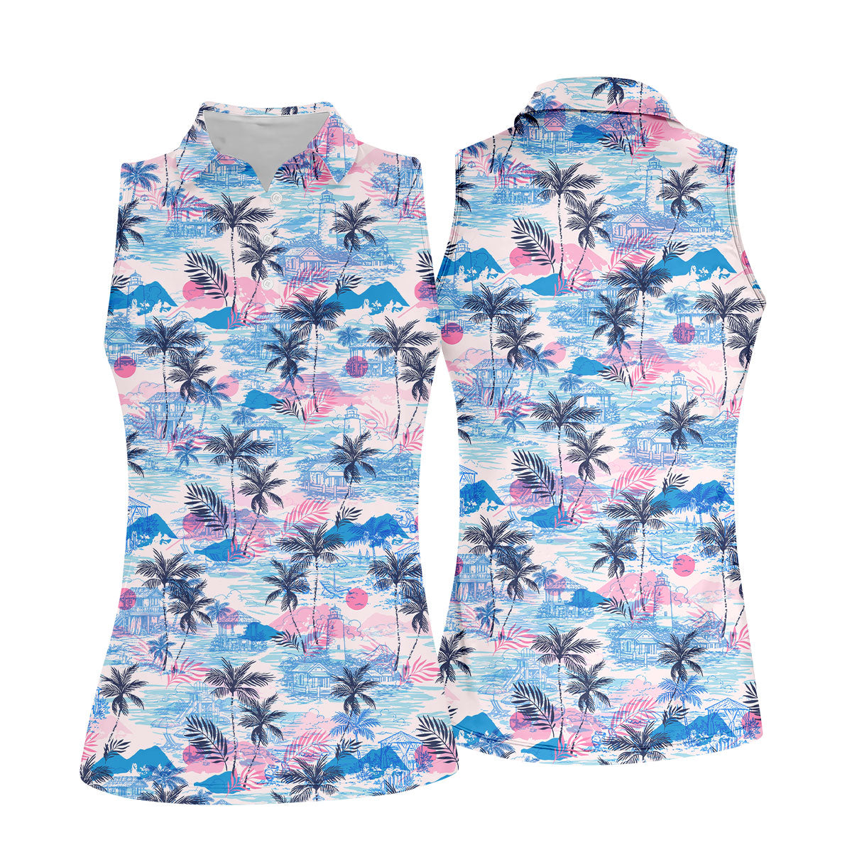Tropical Island Sunset Pink And Blue Hawaiian Golf Shirt, Golf Shirt For Women, Golfing Apparel