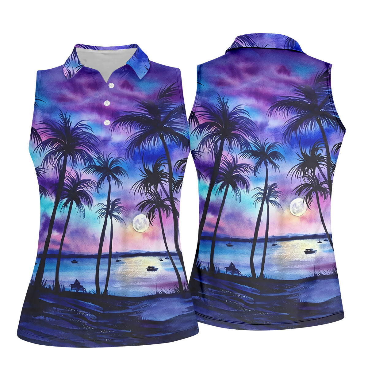 Moonlit Tropical Beach Palm Tree Golf Shirt, Women's Golf Shirt, Hawaiian Golf Shirt, Golf Polo For Women