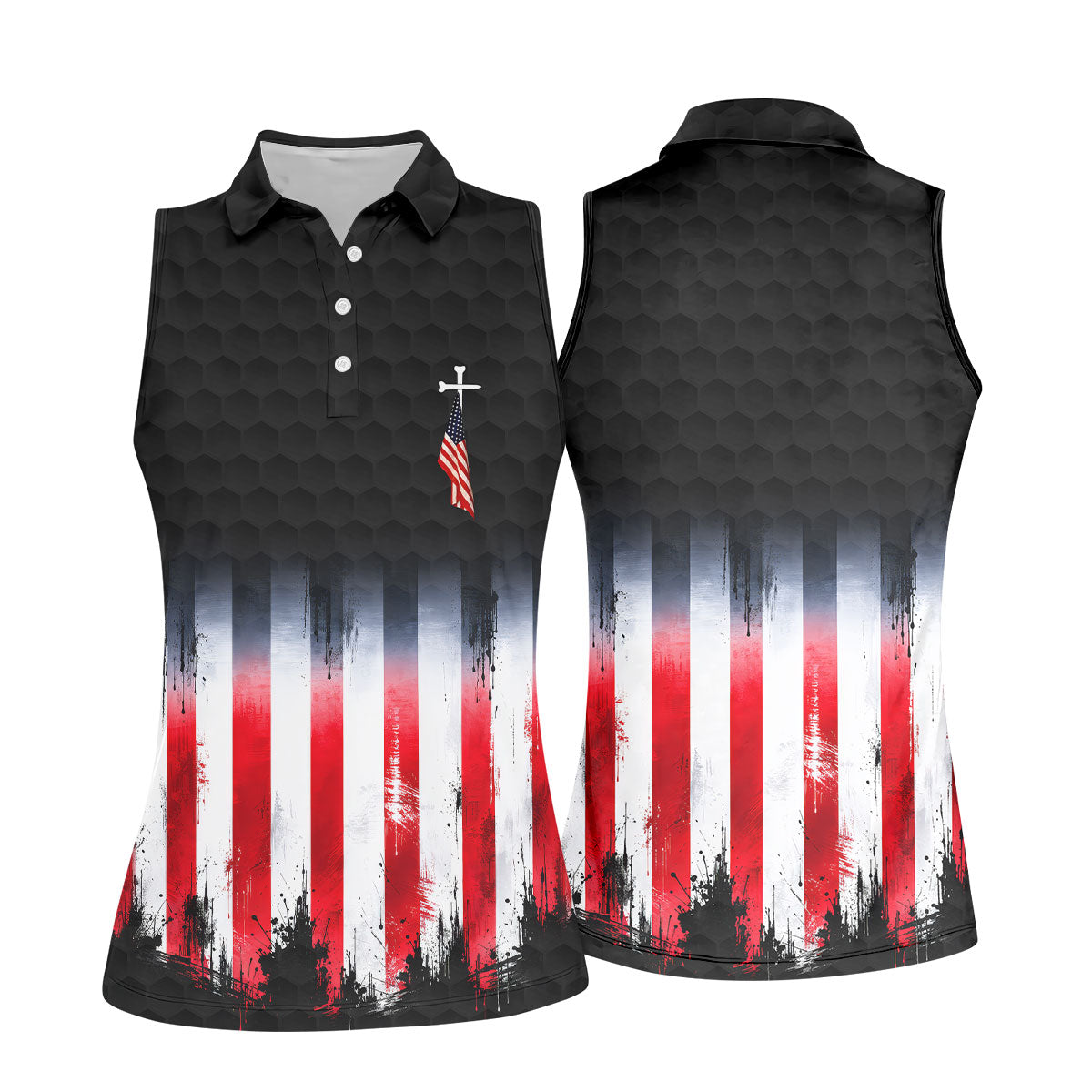 Faith Cross American Flag Patriotic Golf Ball Pattern 4th Of July Golf Shirt, 250th Anniversary Golf Shirt For Women