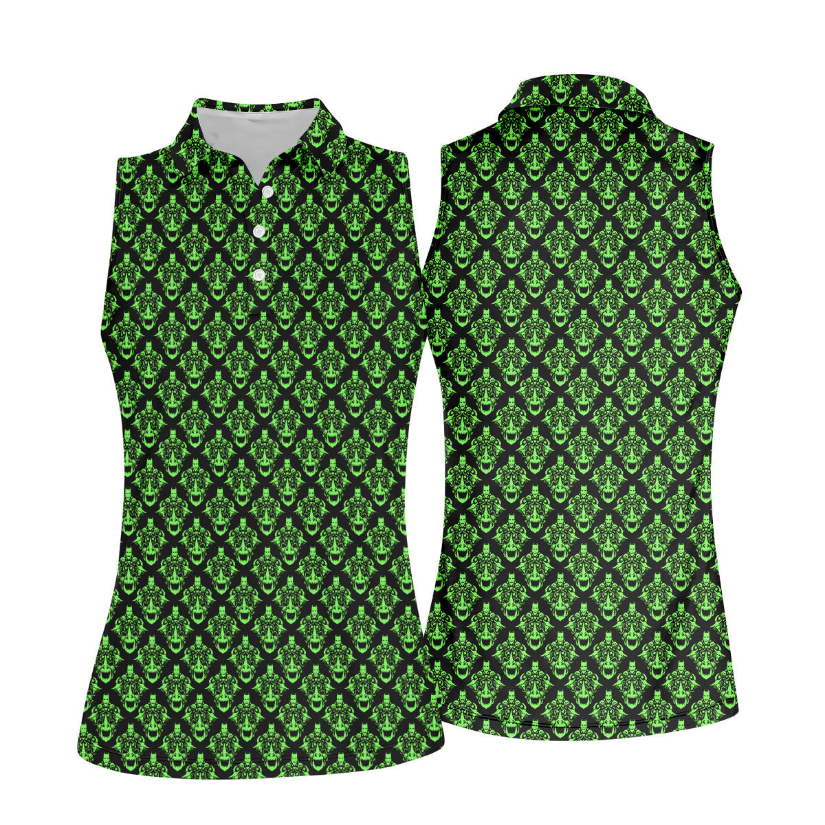 Neon Green Horror Character Pattern Golf Shirt, Women’s Golf Polo, Halloween Golf Shirt
