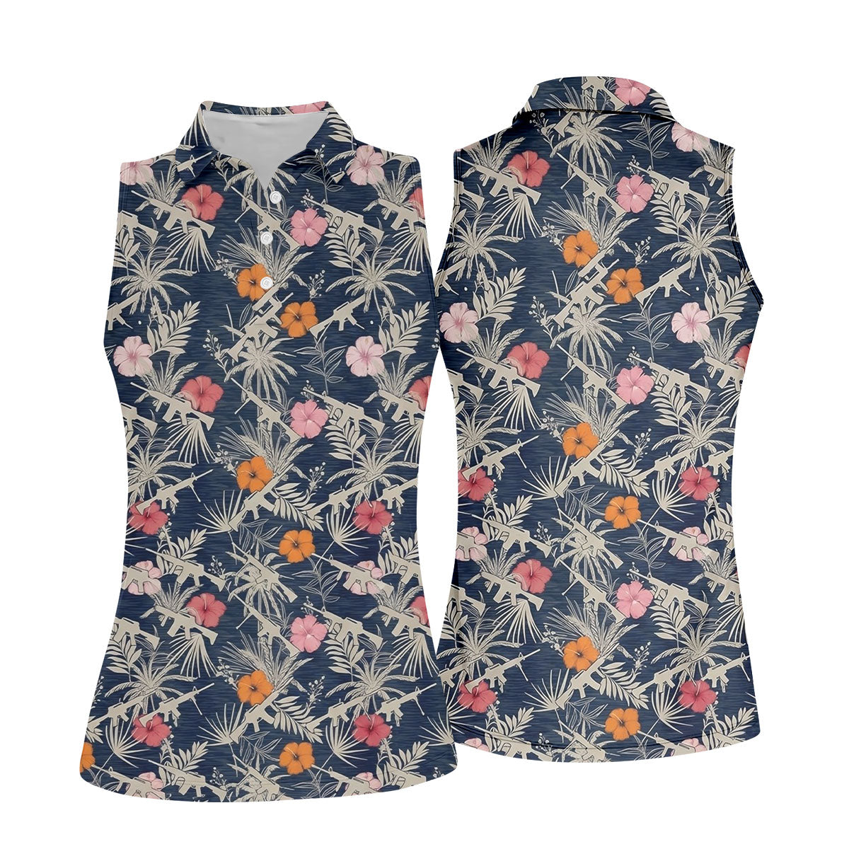 Hawaiian Hibicus Military Theme Navy Golf Shirt, Women Golf Top, Ladies Golf Shirts