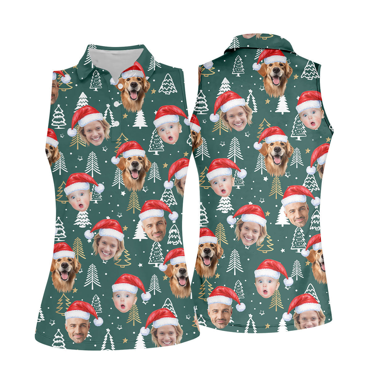 Custom Face Pine Tree Pattern Dark Green Christmas Golf Shirt, Ladies Golf Shirts, Golf Gifts For Women