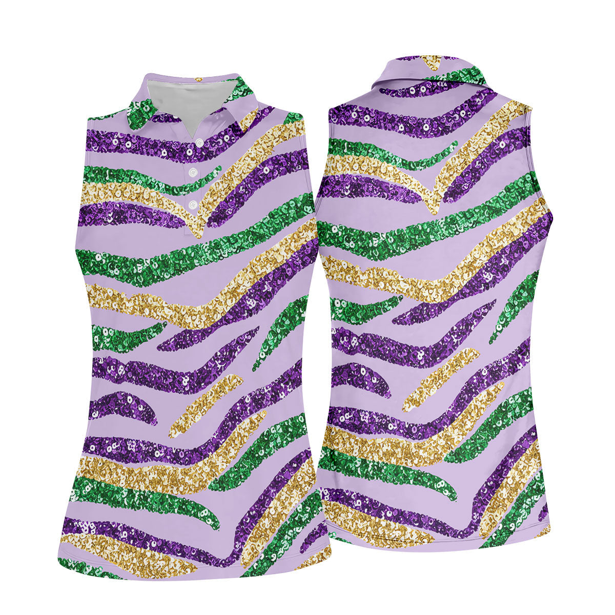 Purple Green Gold Sequin Pattern Light Purple Mardi Gras Golf Shirt, Women's Golf Tops, Ladies Golf Shirts