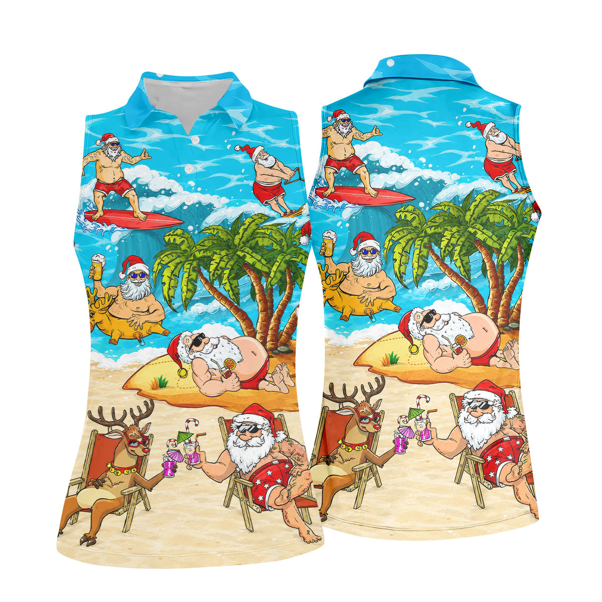 Funny Santa Beach Party Women's Golf Shirt, Christmas Golf Shirt, Women’s Golf Apparel