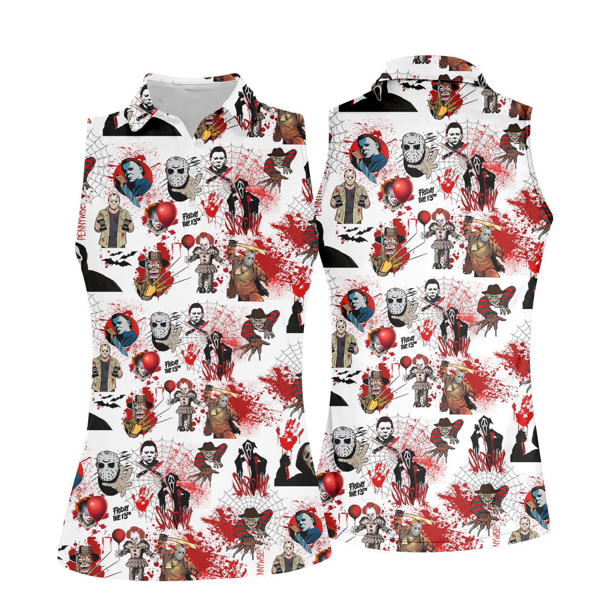 Horror Villain Blood Splatter Print Women's Golf Tops, Halloween Golf Shirt, Ladies Golf Polos, Golfing Apparel
