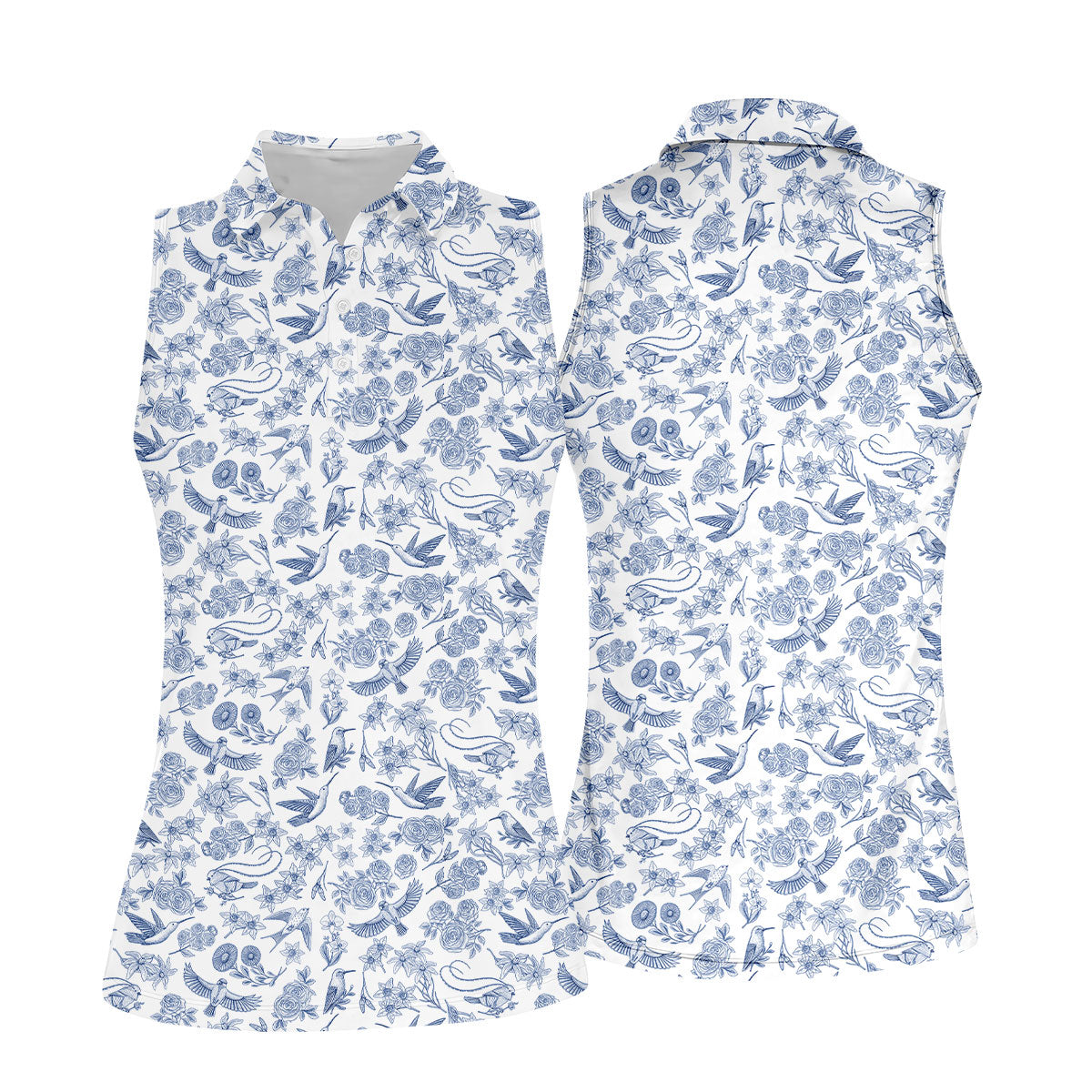 Custom Name Toile de Jouy Birds And Flowers Blue Golf Shirt, Women Golf Top, Ladies Golf Polos