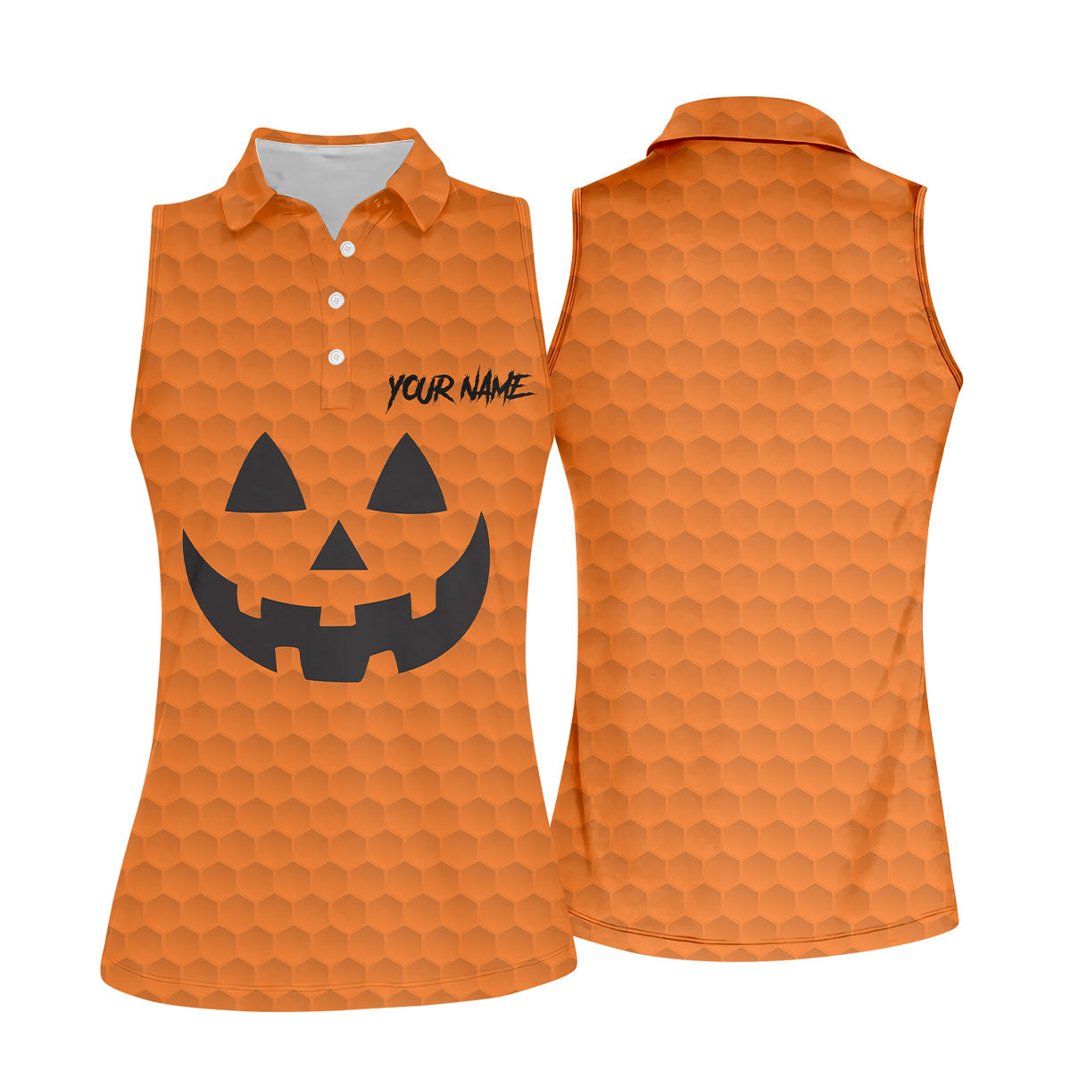 Halloween Pumpkin Face Custom Name Fun Women's Golf Shirts, Ladies Golf Tops, Golf Gifts For Women
