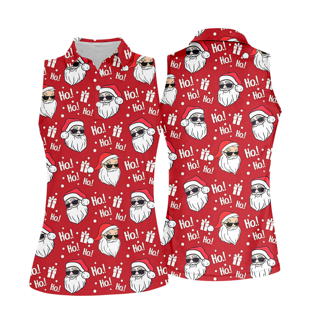 Santa Claus Pattern Christmas Red Fun Women's Golf Shirts, Christmas Golf Shirt, Ladies Golf Shirts
