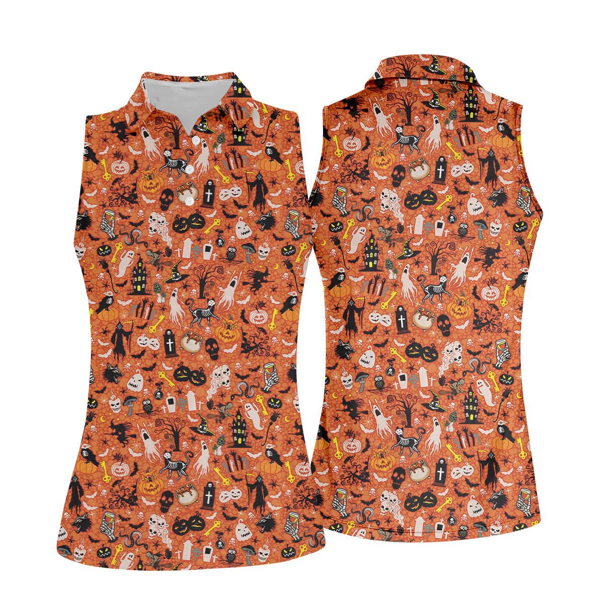 Halloween Skull Witch Cat Orange Golf Shirt, Funny Halloween Women's Golf Tops, Ladies Golf Shirts