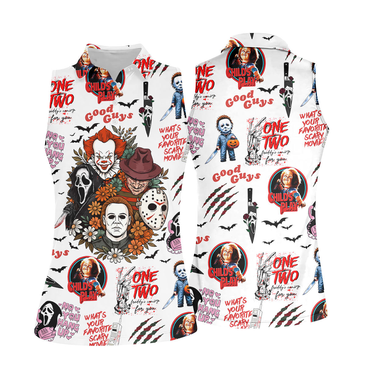 Horror Halloween Character Halloween Golf Shirt, Cool Golf Gift For Horror Fan, Women's Golf Tops