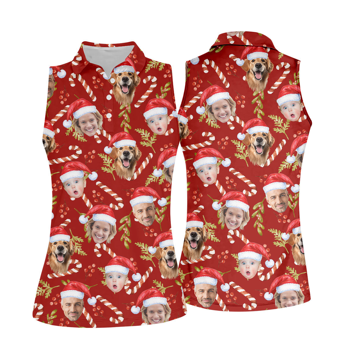 Custom Face Candy Cane And Holy Christmas Red Golf Shirt, Christmas Golf Shirt, Women's Golf Tops