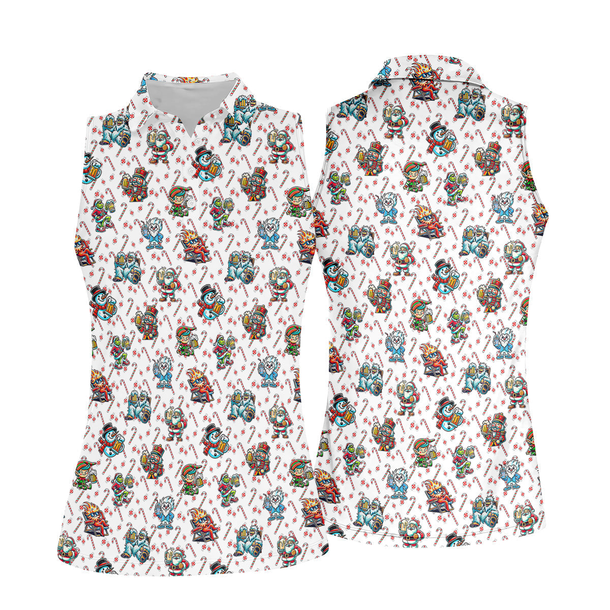 Cute Christmas Character Candy Cane Pattern Ladies Golf Tops, Christmas Golf Shirt, Golf Shirt For Women