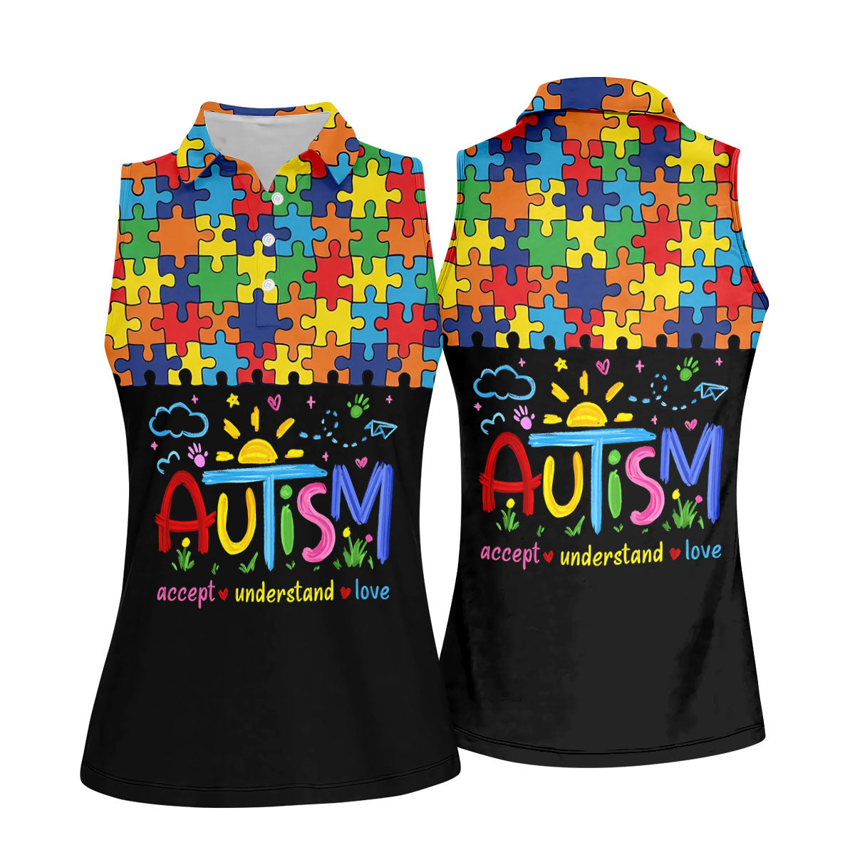 Awareness Accept Understand Love Colorful Puzzle Golf Shirt, Ladies Golf Shirts, Ladies Golf Polos