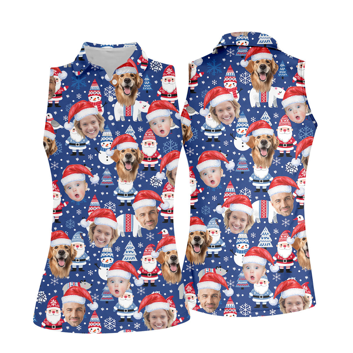 Custom Face Christmas Gnome Pattern Blue Golf Shirt, Christmas Golf Shirt, Women's Golf Tops, Ladies Golf Polos