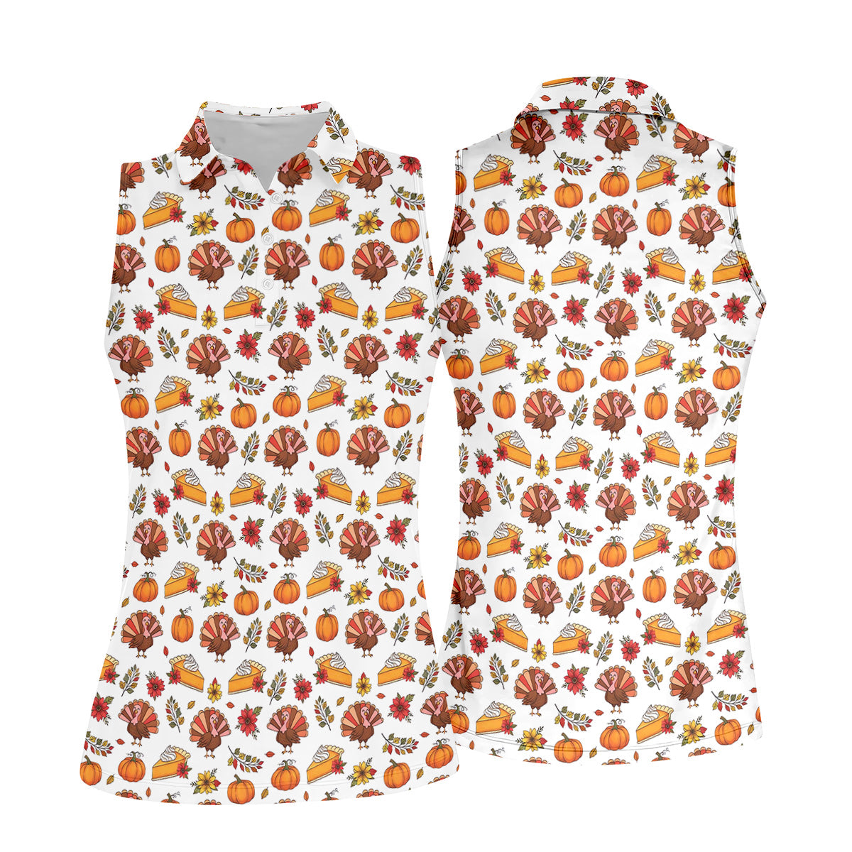 Cute Thanksgiving Turkey Pumpkin Pie Women's Golf Tops, Thanksgiving Golf Gift For Ladies, White Polo Women