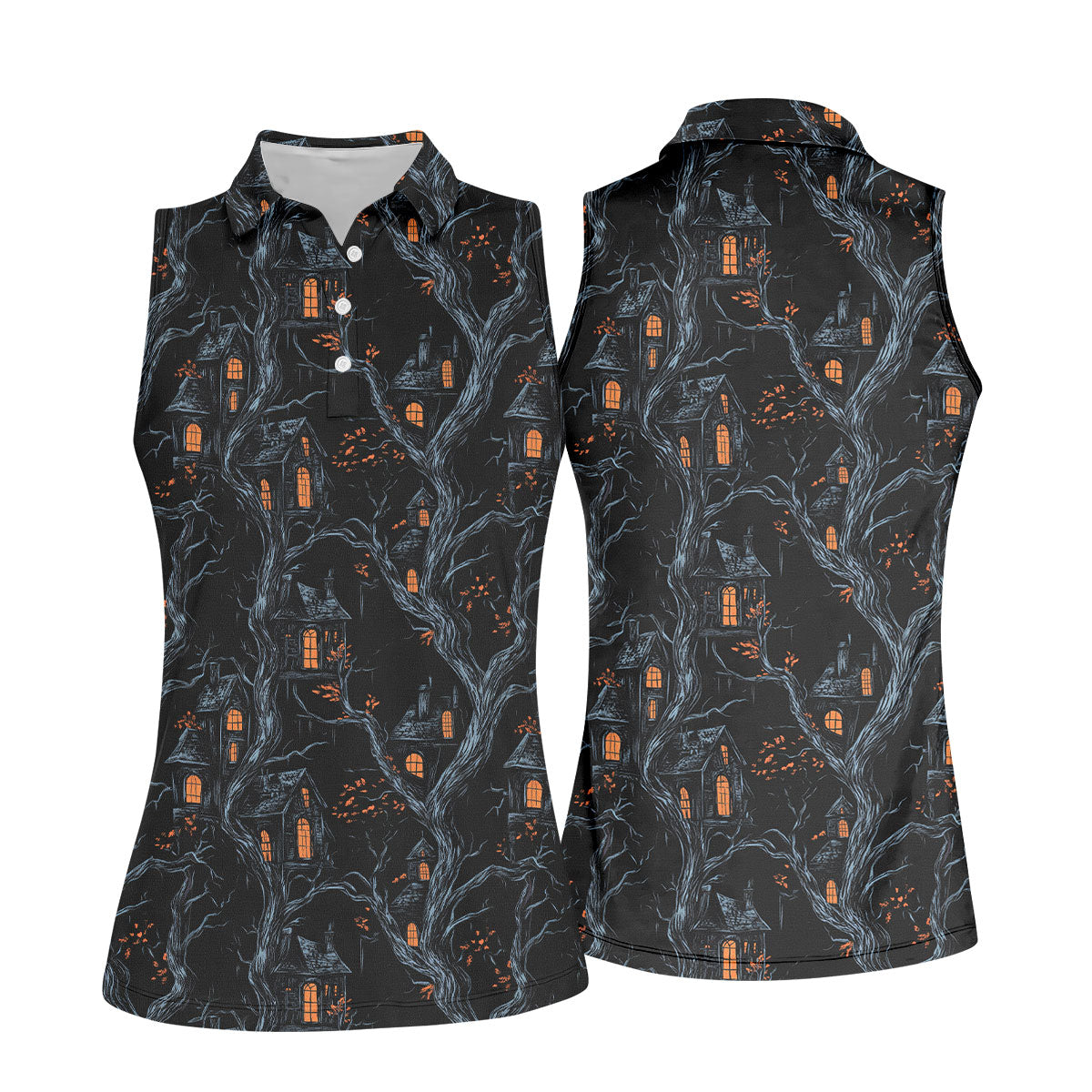 Haunted House Halloween Women Golf Top, Black Golf Polo ShirtLadies Golf Shirts, Golfing Apparel