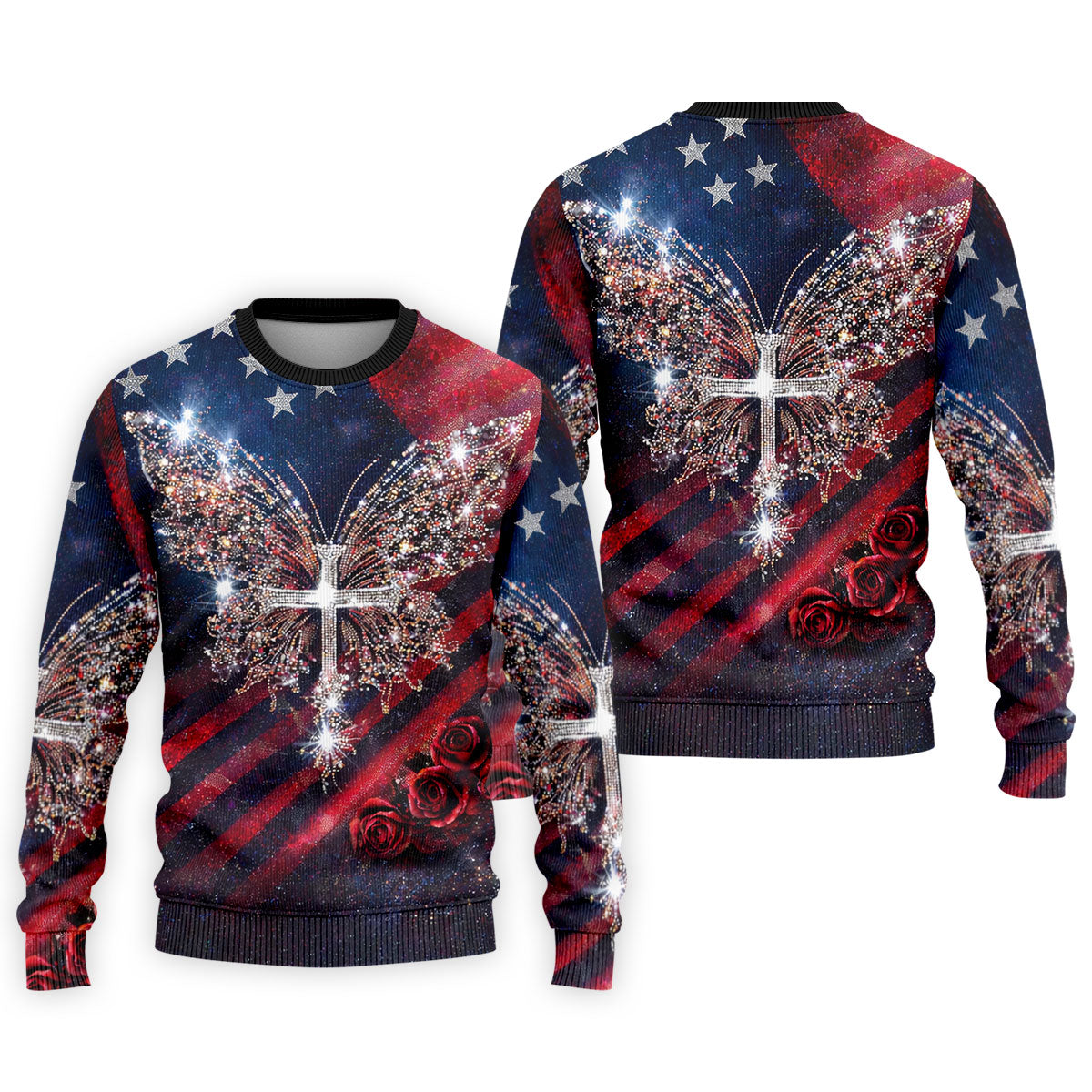 Vintage Faith Rhinestone Butterfly American Flag Golf Shirt, 250 Years Patriotic 4th Of July Golf Shirts For Men
