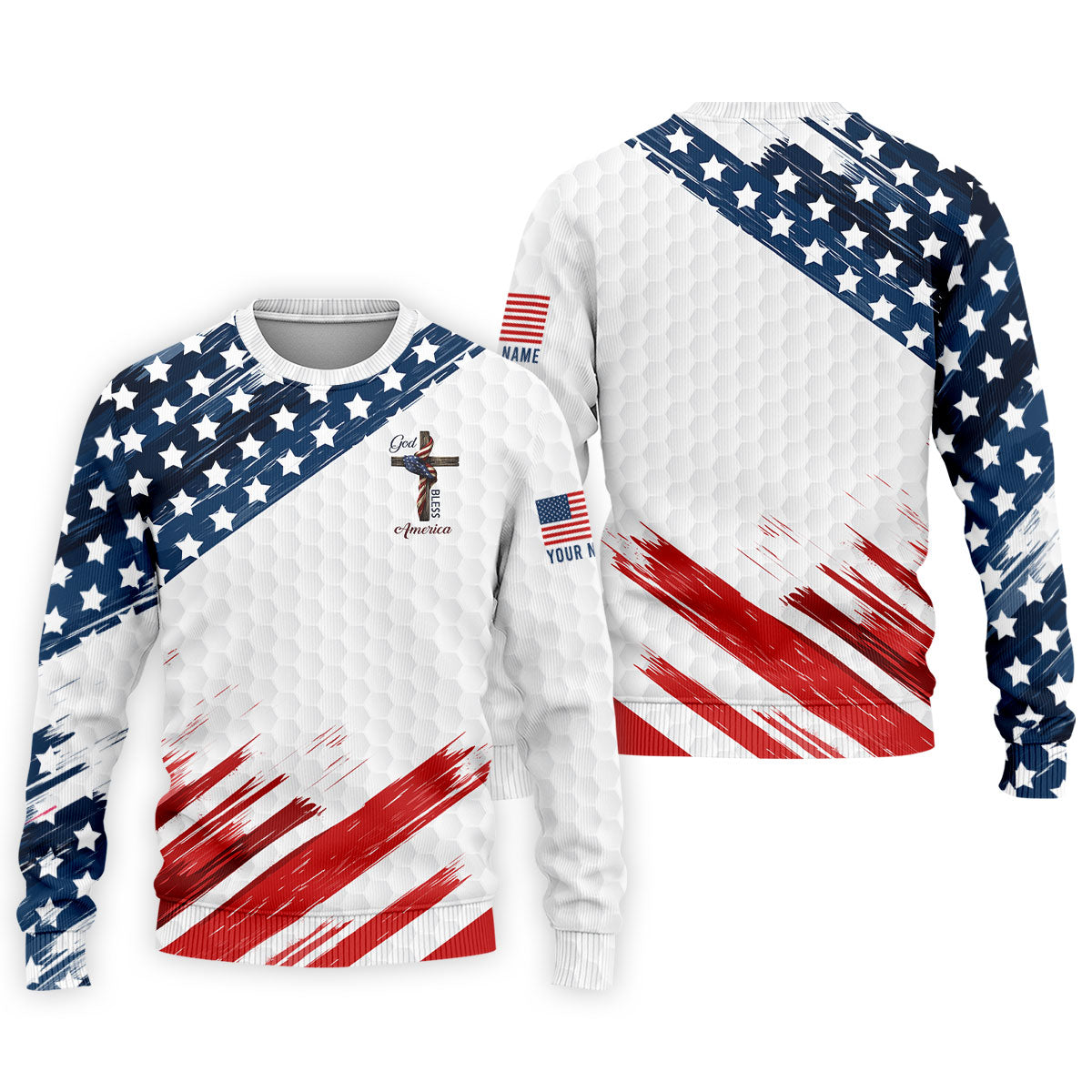 God Bless America Faith Cross US Flag Brush White Golf Shirt, Patriotic 4th Of July Golf Shirts For Men