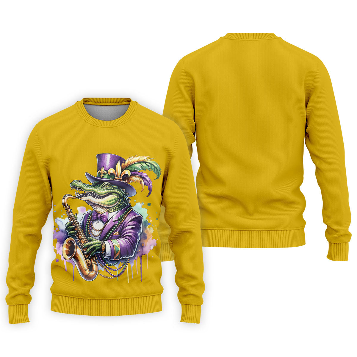 Mardi Gras Alligator Playing Saxophone Yellow Golf Shirt, Golf Shirts For Men, Polo ShirtFor Men