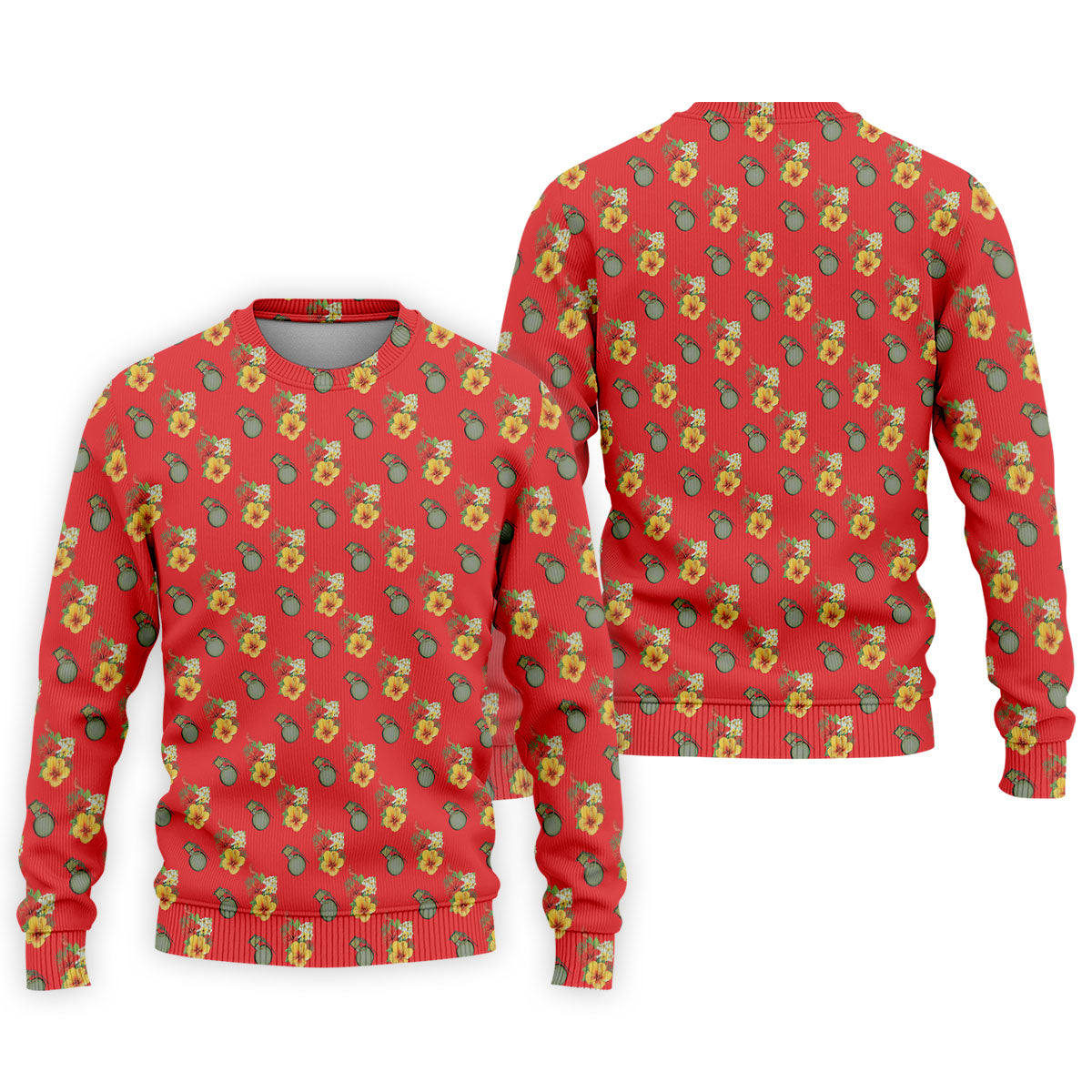 Hibiscus Flowers Green Grenades Seamless Pattern Red Golf Shirt, Golf Tops For Men, Golf Shirts For Men
