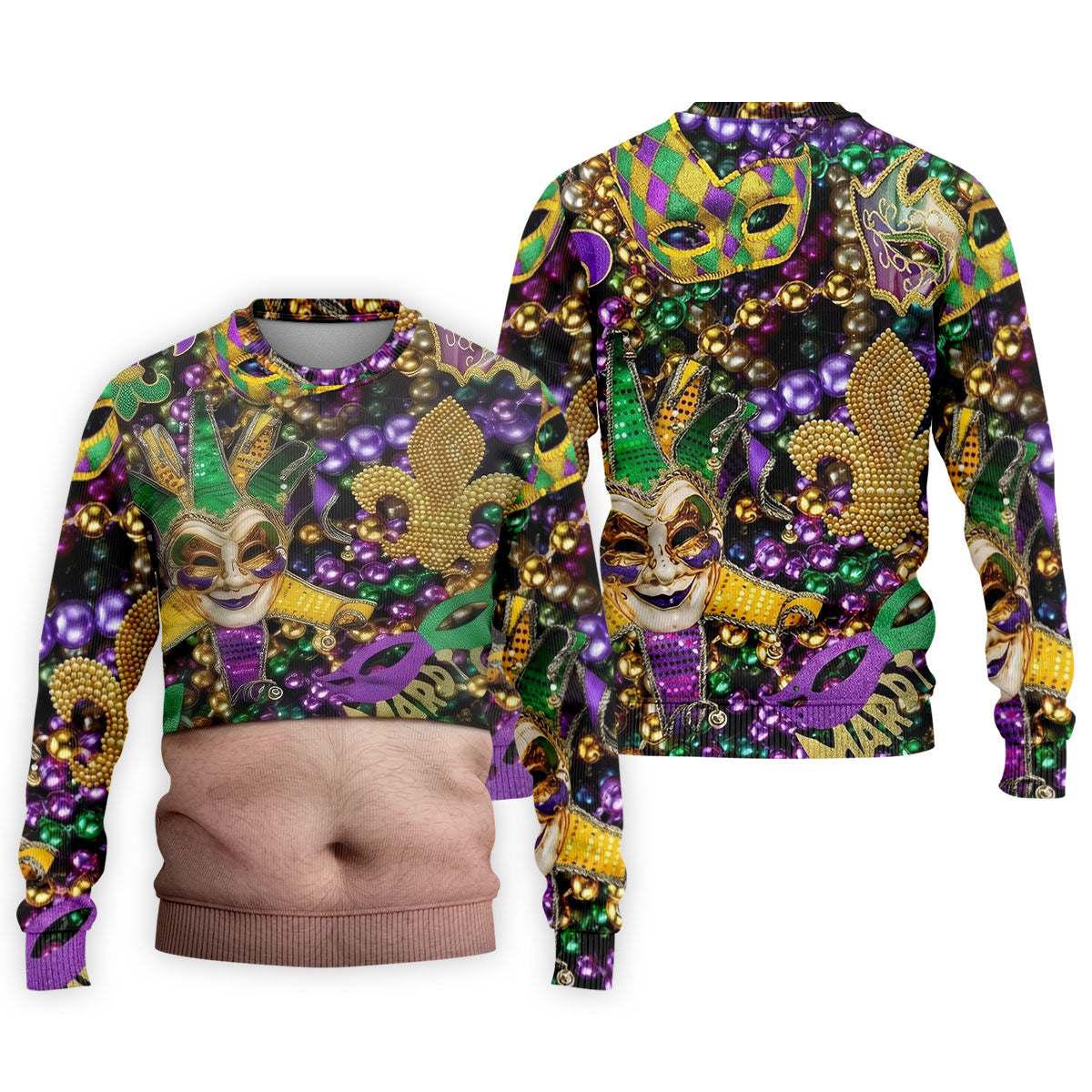 Mardi Gras Purple Green Gold Fleur De Lis Jester Mask Funny Tummy Golf Shirts For Men, Men's Funny Golf Shirts