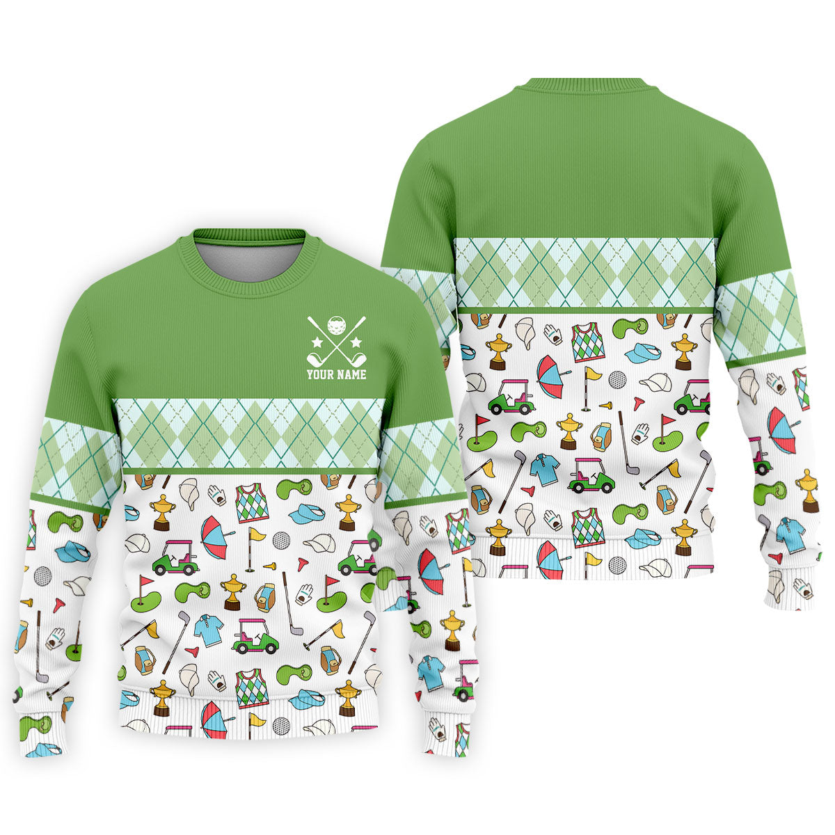 Custom Name Green Argyle Golf Icons Pattern Golf Shirt, Mens Golf Polo, Golf Shirts For Men, Printed Golf Shirts