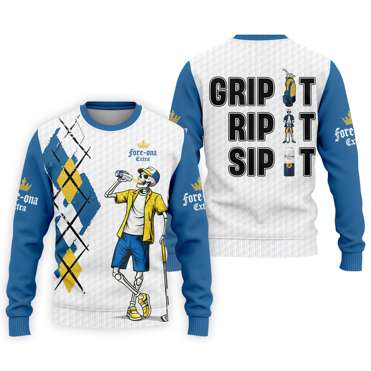 Blue Yellow Skeleton Golfer Beer Polo Shirt, Mens Golf Polo, Golf Apparel For Men