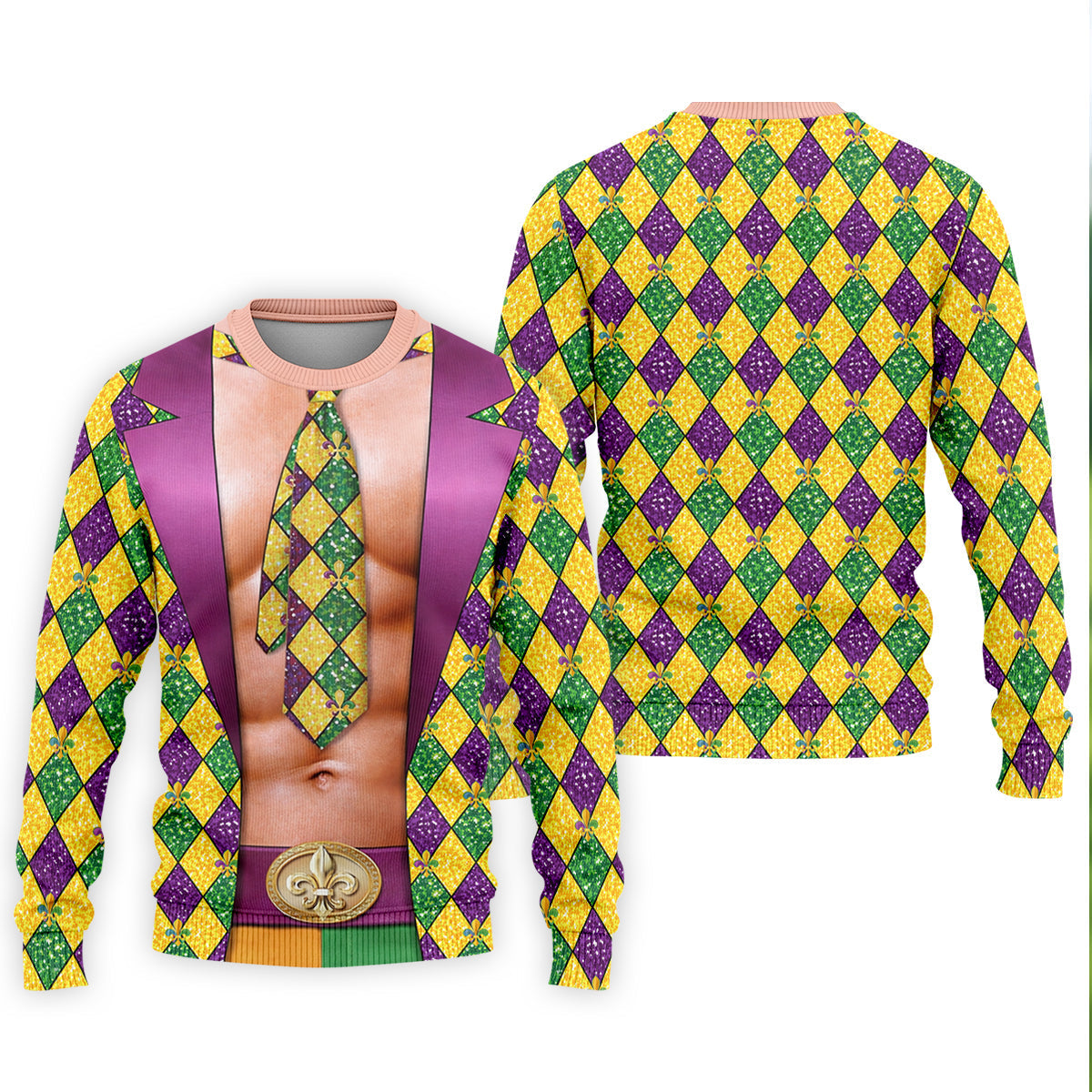 Green Purple Gold Argyle Pattern Fun Suit Mardi Gras Print Golf Shirt, Fun Golf Shirts For Men, Polo For Men