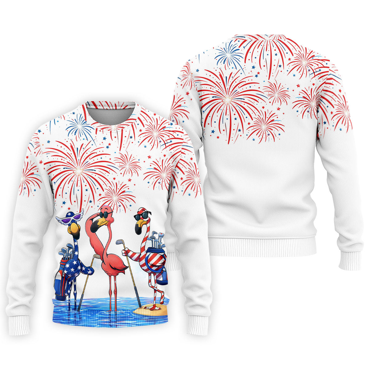 Funny Flamingo American Flag Pattern White Golf Shirt, 250th Anniversary Patriotic Golf Shirt, Golf Shirts For Men