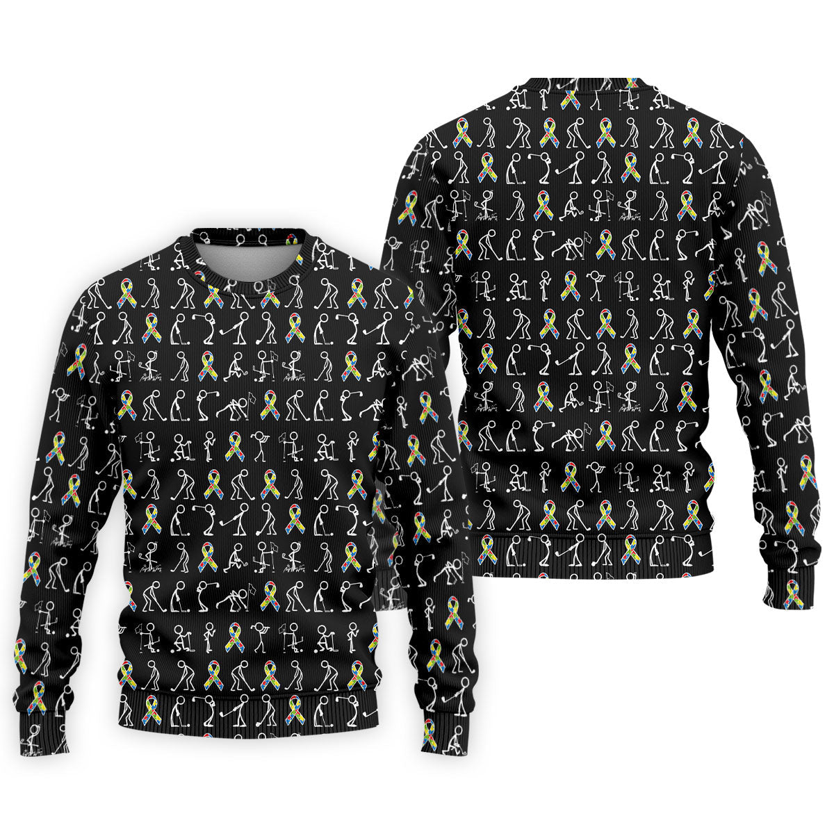 Stick Figure Golf Pose Autism Ribbon Black Golf Shirt, Autism Awareness Colors Golf Shirts For Men