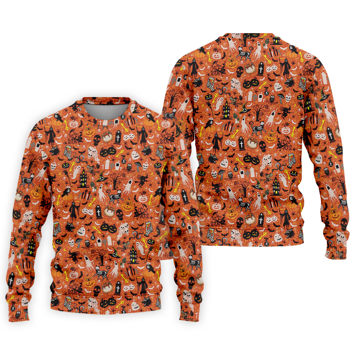 Halloween Skull Witch Cat Orange Golf Shirt, Funny Halloween Polo ShirtFor Men, Golf Gift For Men