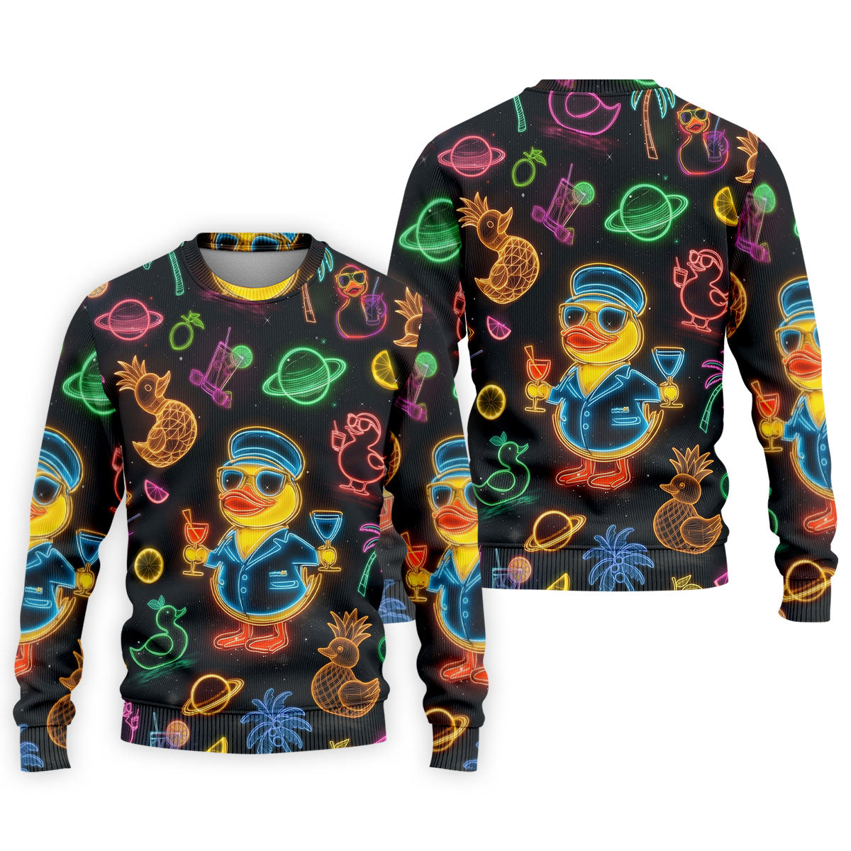 Jet Black Neon Duck Tropical Pattern Hawaiian Golf Shirt, Golf Shirts For Men, Polo Shirts For Men