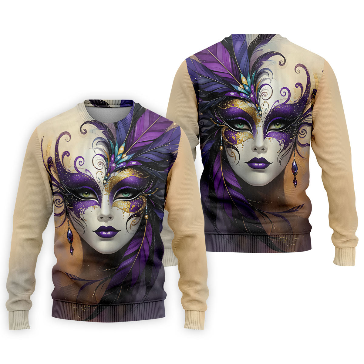 Feather Mask Mardi Gras Golf Shirt, Purple And Beige Golf Shirts For Men, Polo ShirtFor Men