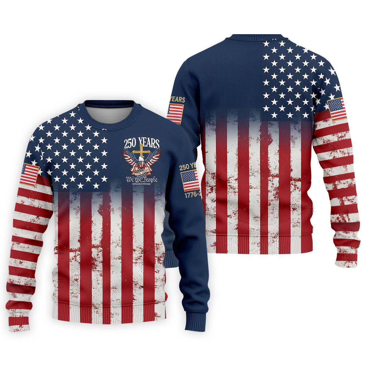250 Years We The People Bald Eagle US Flag Cross Faith Golf Shirts For Men, Patriotic Golf Shirt