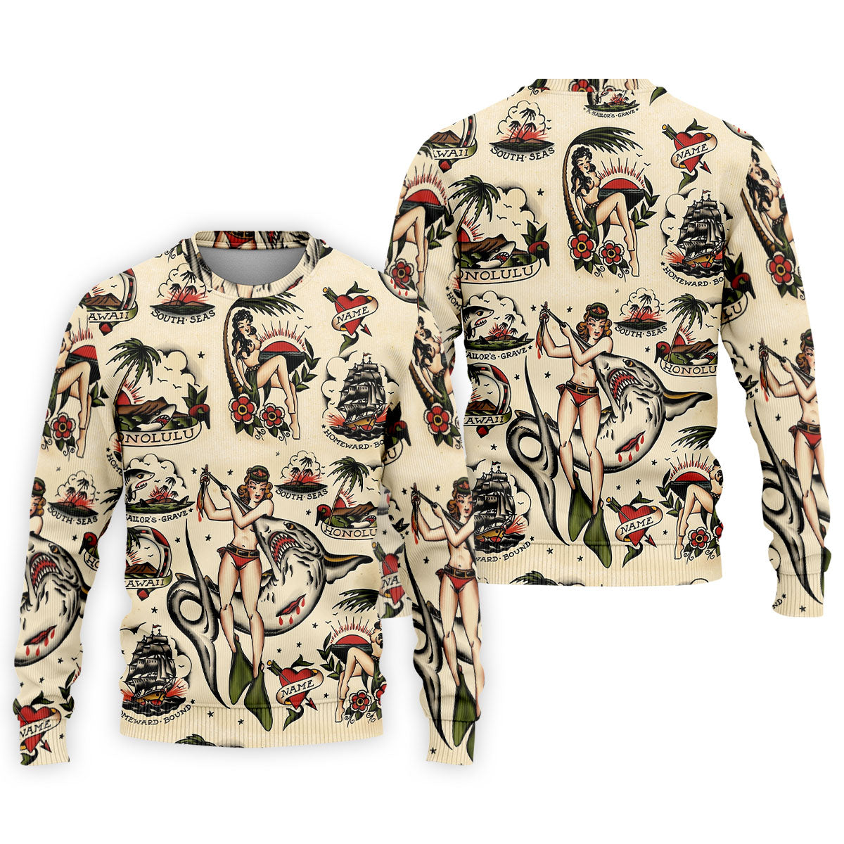 Vintage Hawaiian Pin Up Shark Tattoo Golf Shirt, Hawaiian Golf Shirt, Mens Golf Apparel