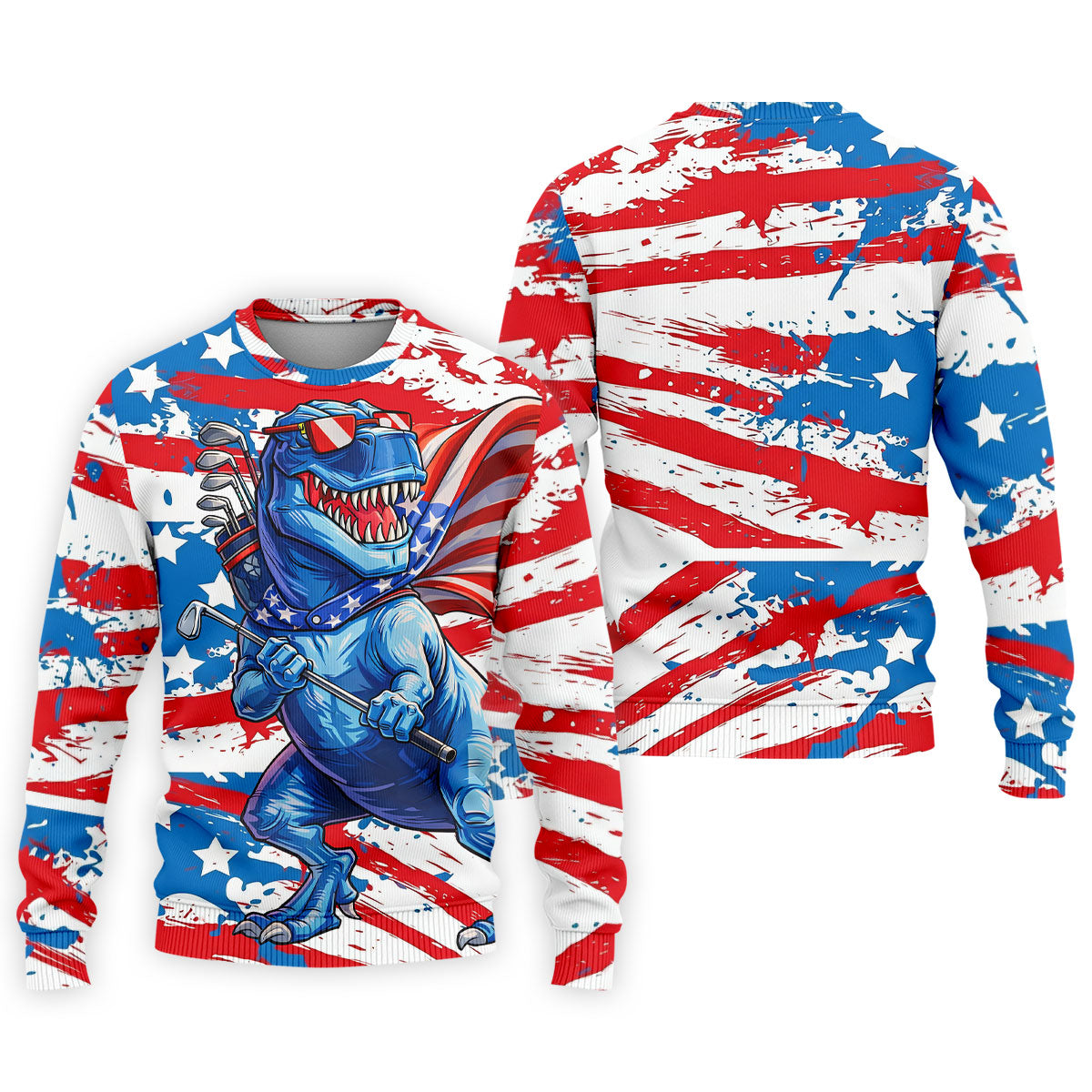 Funny Dinosaur USA Flag Print 250 Years Anniversary Golf Tops For Men, 4th Of July Patriotic Golf Shirt