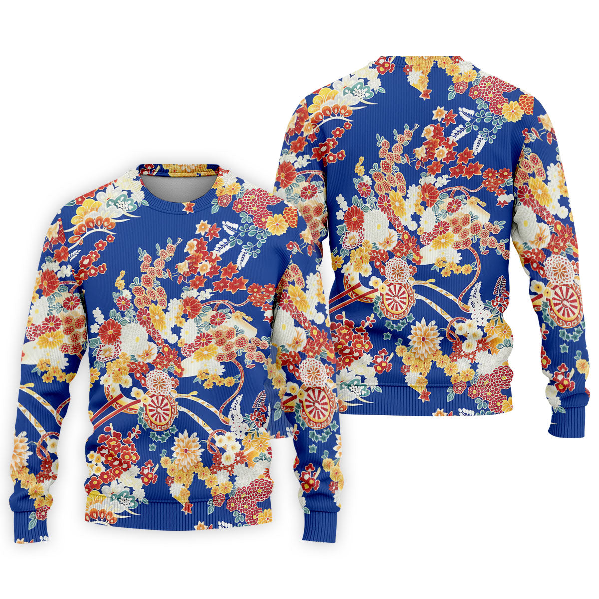 Royal Blue Japanese Floral Pattern Golf Shirt, Mens Golf Apparel, Printed Golf Shirts