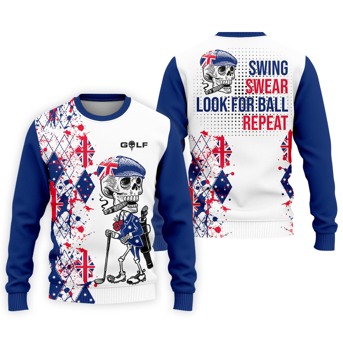 Swing Swear Look For Ball Repeat Australia Flag Print Skeleton Golfer Argyle Golf Shirt, Polo Shirtor Men