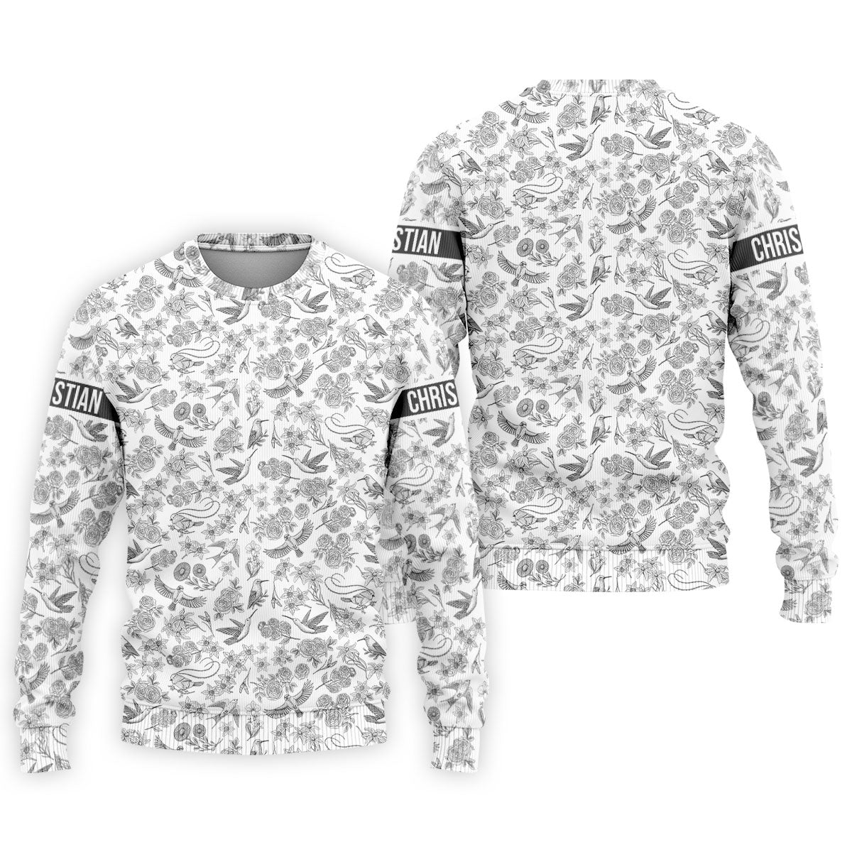 Custom Name Toile de Jouy Birds And Flowers Grey And White Polo ShirtFor Men, Golf Gift For Men