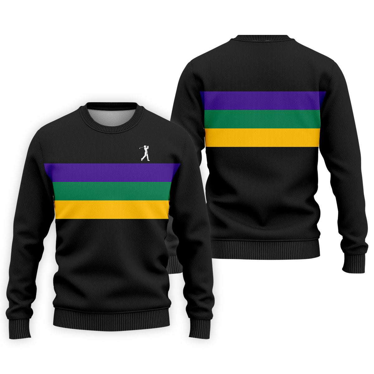 Mardi Gras Purple Green Gold Horizontal Stripes Black Golf Shirt, Golf Tops For Men, Polo ShirtFor Men