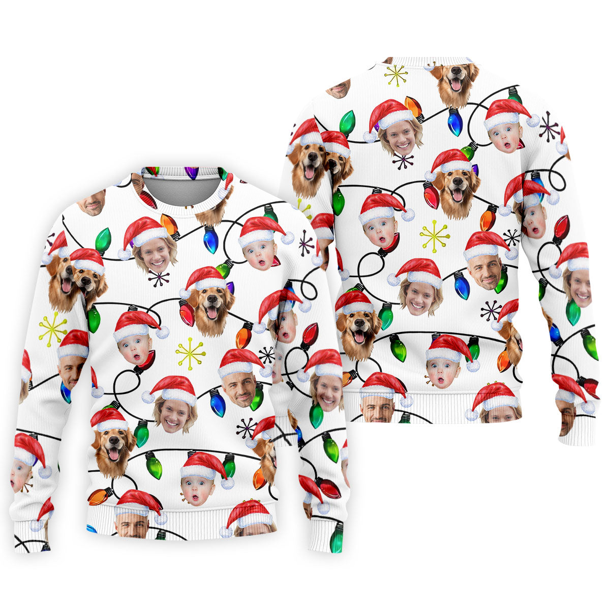 Custom Family Portrait Christmas Lights Pattern Men's Golf Polo Shirtristmas Golf Shirt, Golf Gift For Men