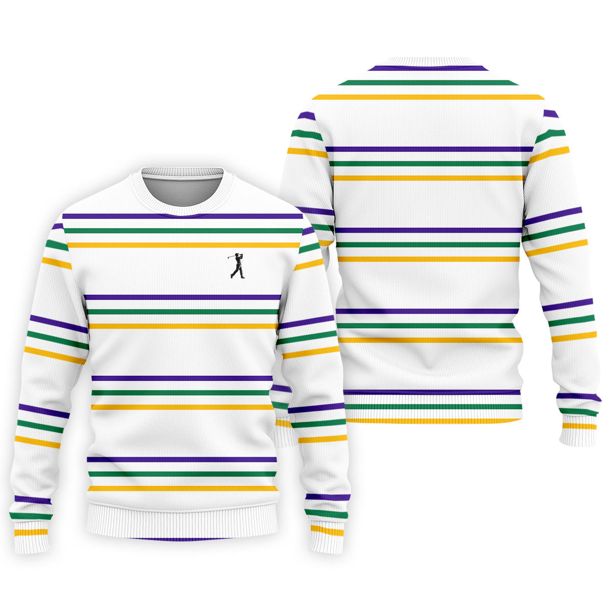 Mardi Gras Purple Green Gold Stripe Pattern Golf Tops For Men, Men's White Polo, Golf Shirts For Men