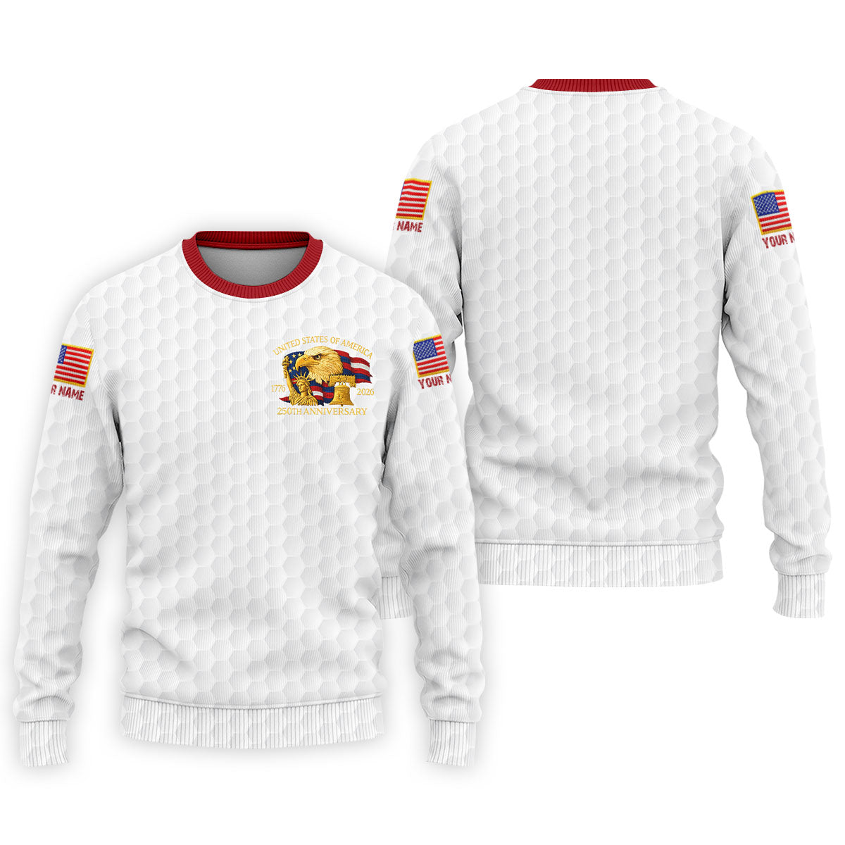 United States 250th Anniversary Patriotic Eagle White Custom Golf Shirts, 4th Of July Golf Shirts For Men