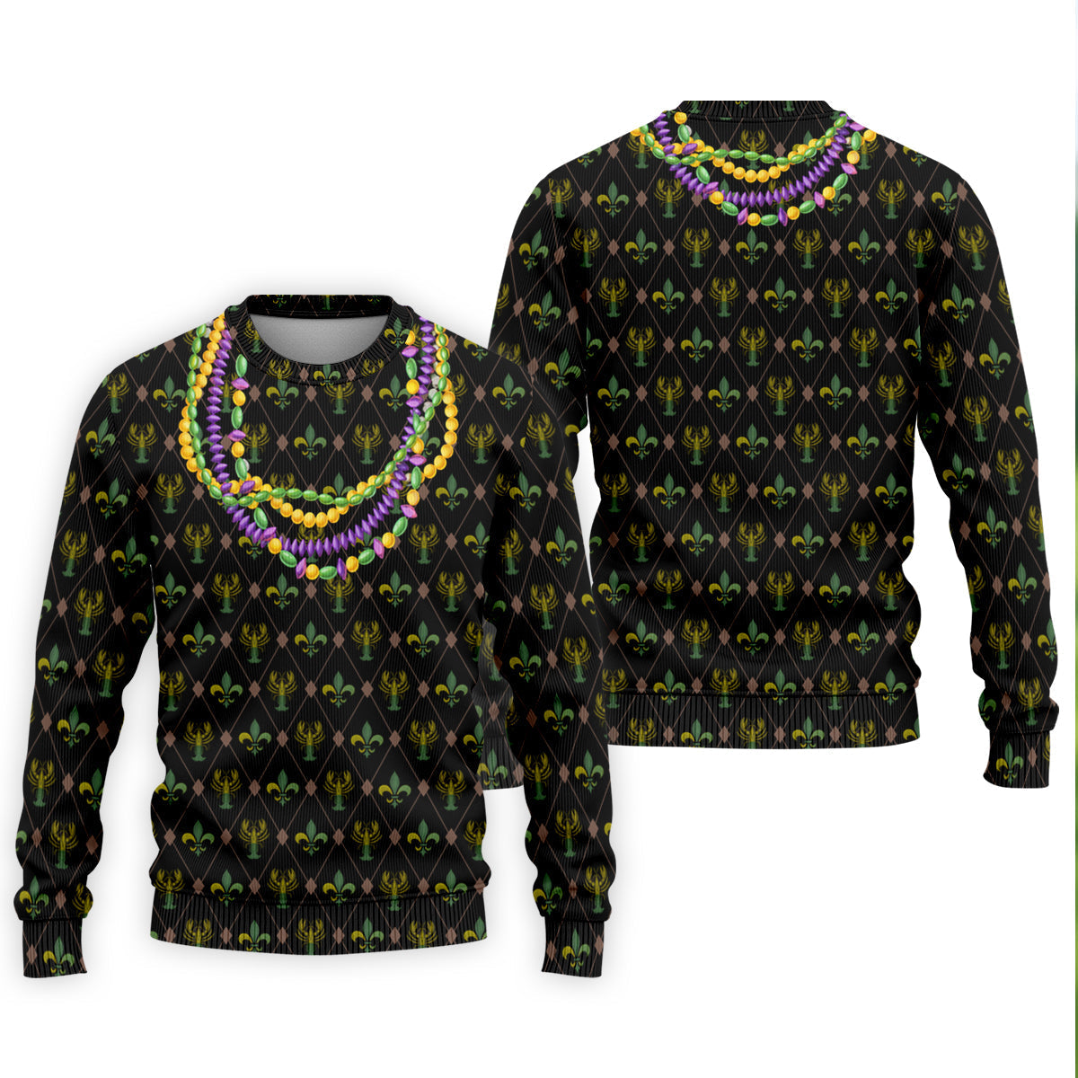 Mardi Gras Purple Green Gold Beads Chain Fleur De Lis Argyle Pattern Black Golf Shirt, Men's Golf Polo Shirts