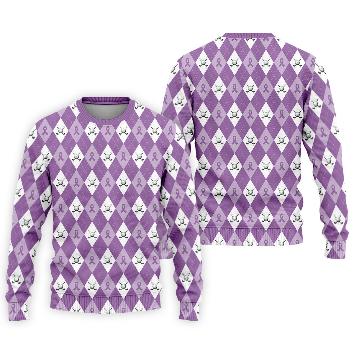 Pancreatic Cancer Purple And White Argyle Pattern Golf Tops For Men, Cancer Awareness Shirt